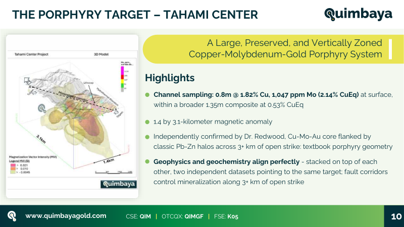 Quimbaya's Tahami Center model illustrates the large magnetic target and interpreted Cu-Mo-Au porphyry architecture.