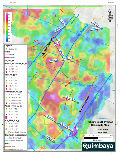 Tahami South resistivity map showing interpreted S and V structural corridors, Phase 1 drilling and Phase 2 targeting.
